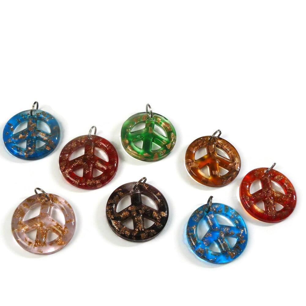 Large Colorful Glitter Lamp-Work Peace Sign Pendant‎